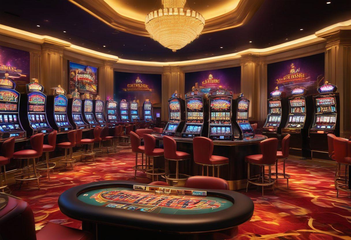 A high-stakes casino scene featuring a confident high roller at a VIP gaming table, surrounded by shimmering gold and colorful lights. Display stacks of chips and loyalty cards bursting with offers, while a backdrop showcases luxurious slot machines and excited players. Emphasize a glamorous atmosphere filled with vibrant colors and rich textures to convey the thrill of casino rewards. super-realistic. vibrant colors. 3D.