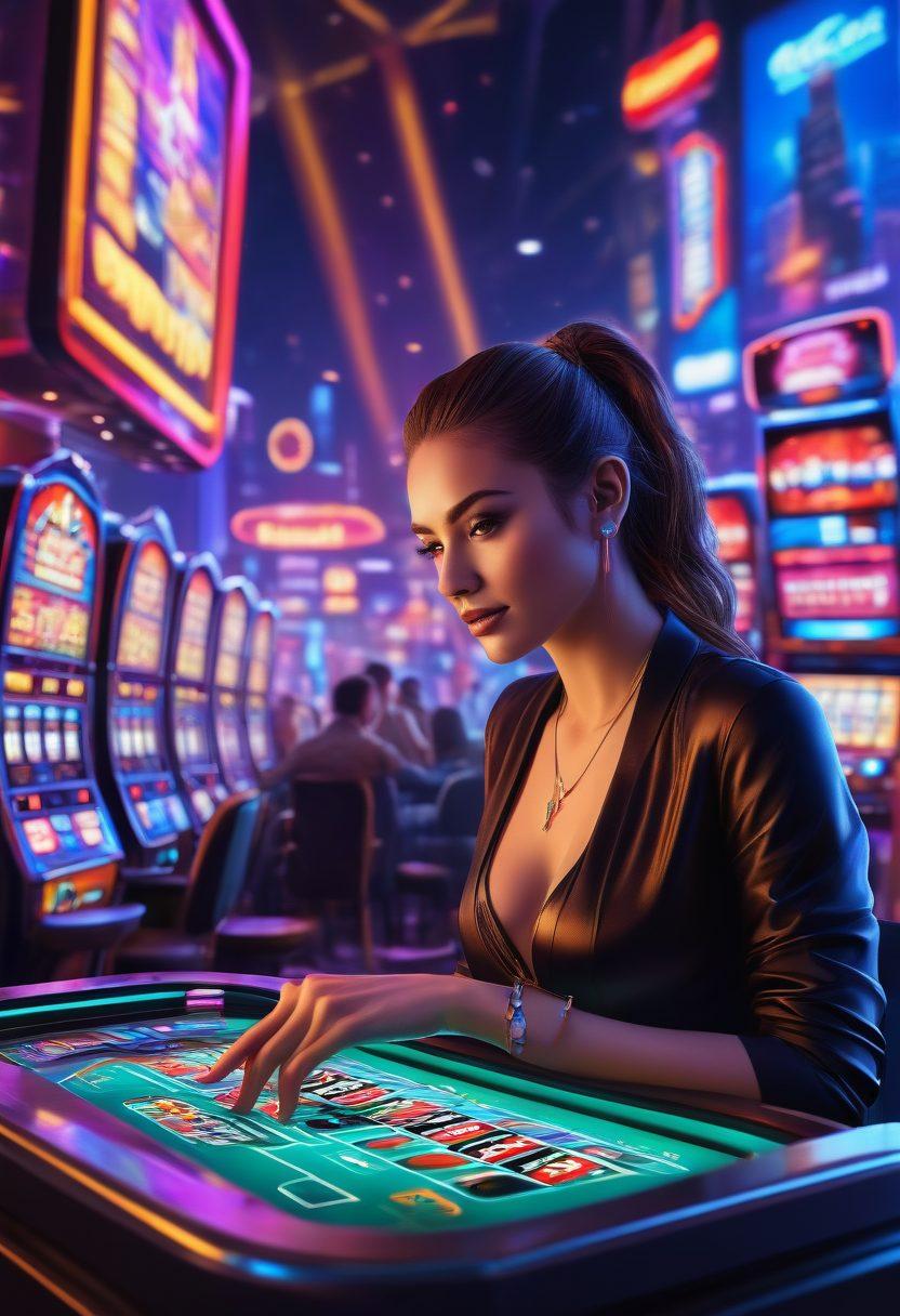 A captivating blend of vibrant virtual casino elements including neon lights, colorful slot machines, and an immersive live dealer table surrounded by enthusiastic players. Incorporate a futuristic cityscape in the background, reflecting the excitement of online gaming. Showcase diverse players from different cultures interacting in a dynamic environment. Bright and engaging colors to evoke excitement and energy. super-realistic. vibrant colors. 3D.