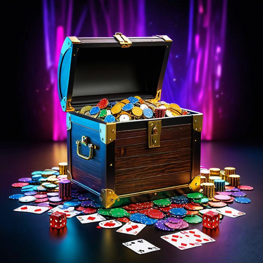 A mysterious treasure chest overflowing with gold coins and casino chips, surrounded by enigmatic playing cards and dice. In the background, a virtual landscape of an online casino with vibrant neon lights and interactive screens displaying various games. The overall atmosphere should evoke excitement and adventure, hinting at untold gambling secrets awaiting discovery. super-realistic. vibrant colors. dark background.